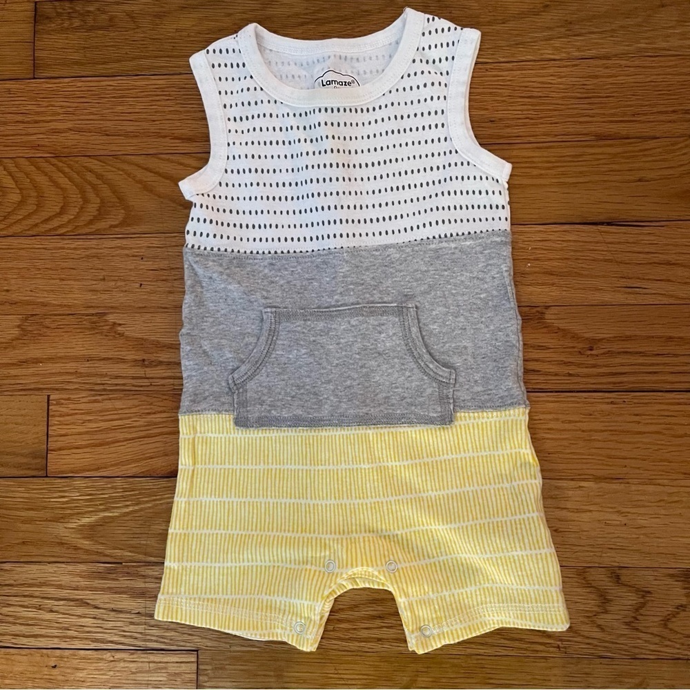 Lamaze | yellow stripped tank romper | baby boy 9 mo